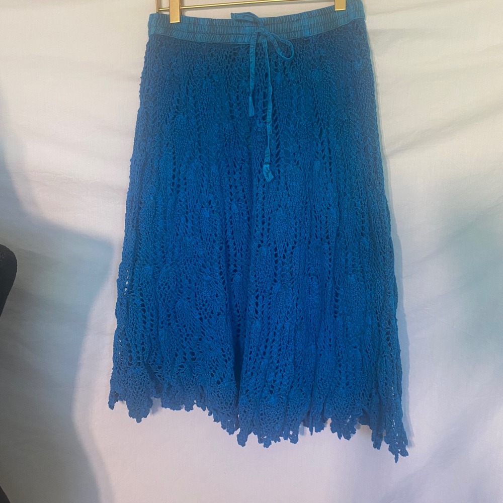 Flower Teal Blue Crochet Midi Skirt Scalloped Hem Cotton Free Size NWT 1270